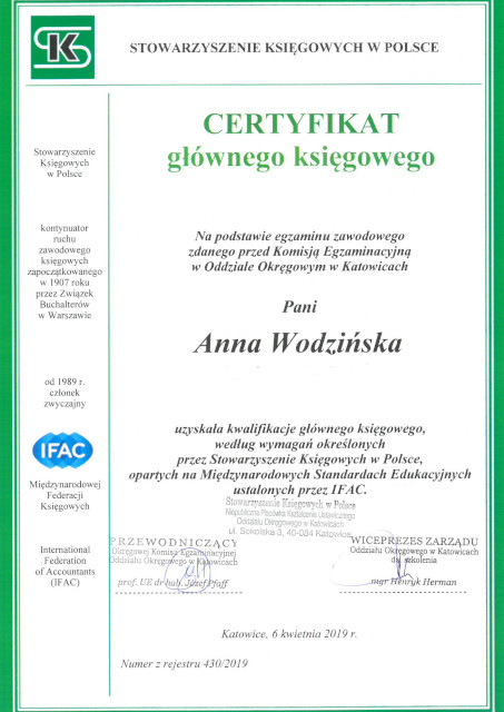 Certyfikat głównego księgowego wydany dla Anny Wodzińskiej