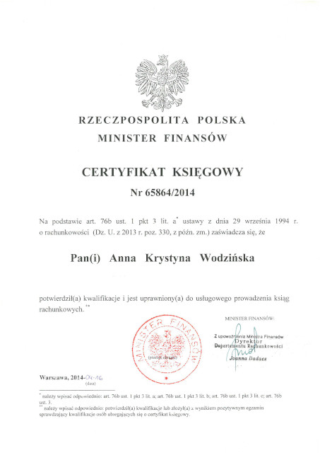 Certyfikat księgowy Ministra Finansów wydany dla Anny Wodzińskiej